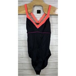 NIKE Women's Swimsuit One Piece Racer Back Black Hot Pink Deep V-Neck‎ Size 16